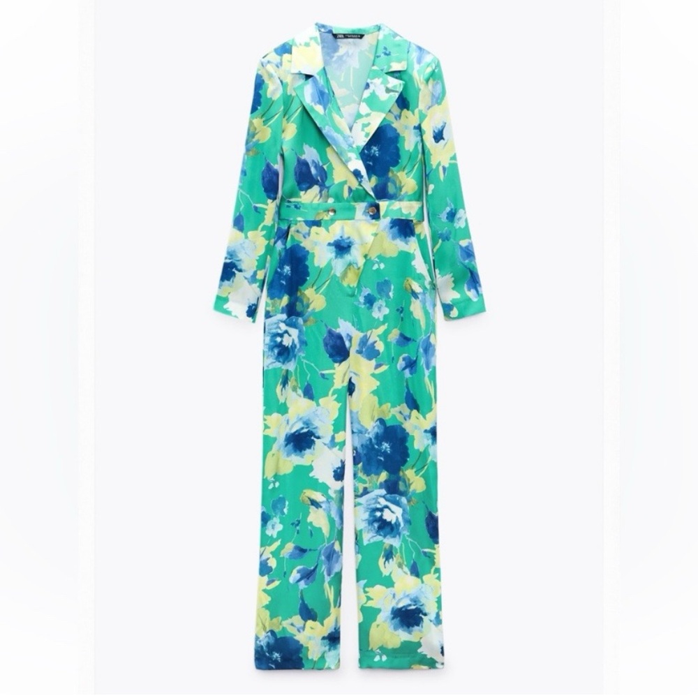 🦜 ZARA GREEN BLUE YELLOW FLORAL SATIN WIDE LEG LONG SLEEVE JUMPSUIT! - Picture 16 of 16